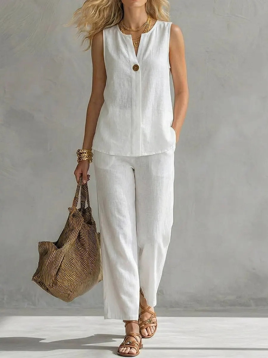 Linen Pant Wide - Setelan Linen 2 Potong Tanpa Lengan