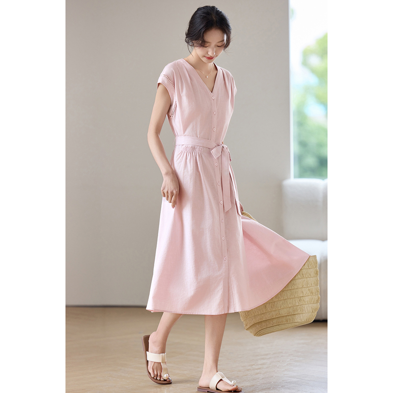 Linen Dress Wrap - SENTUBILA Gaun Midi Wanita Warna Pink