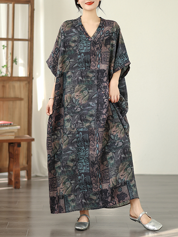 Linen Dress Wrap - Gaun Wanita Lengan Kelelawar Model V-Neck