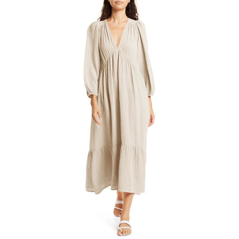 Muslin 100% gaun lengan panjan - Linen Dress Wrap ulasan dan harga