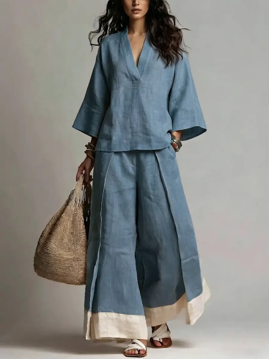 Setelan Linen Katun Kerah V Wa - Linen Pant Wide ulasan dan harga