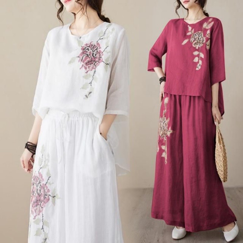 Setelan Dua Potong Linen Katun - Linen Pant Wide ulasan dan harga