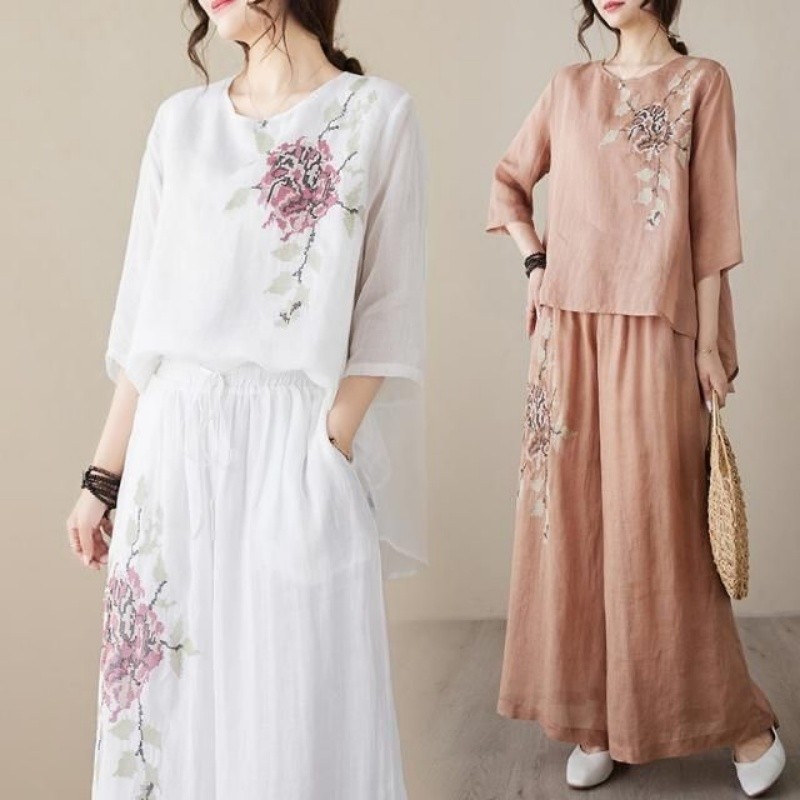 Setelan Dua Potong Linen Katun - Linen Pant Wide ulasan dan harga