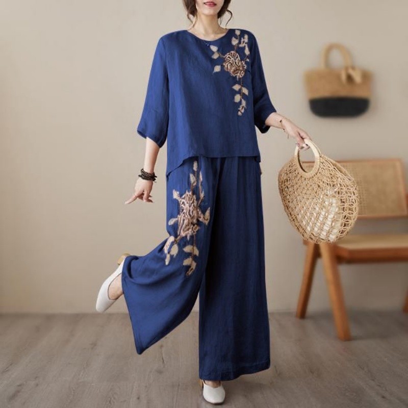 Setelan Dua Potong Linen Katun - Linen Pant Wide ulasan dan harga